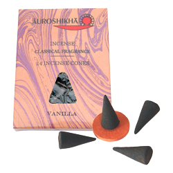 Vanille : Encens Indien Auroshikha ~ Boîte de 14 Cônes + 1 Porte-Encens