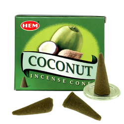 Noix de Coco : Encens Naturel Indien HEM ~ Boîte de 10 Cônes + 1 Porte-Encens