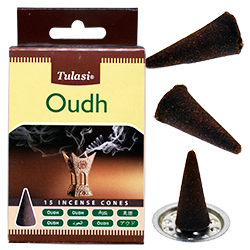 Oudh : Encens Naturel Indien Tulasi ~ Boîte de 15 Cônes + 1 Porte-Encens